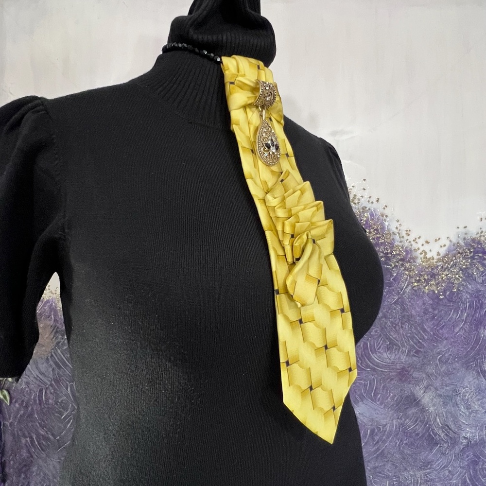Up-cycled Yellow and Black Woman Necktie Necklace With Ring and Necklace